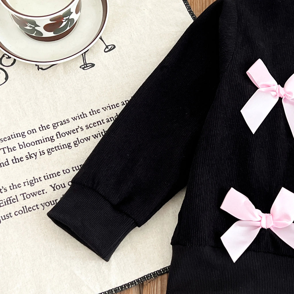 Kids Clothing Sets New  Autumn Bow Long Sleeve Black Sweatshirt Pink Pleated Skirt 2-Piece Girl Clothing Suits