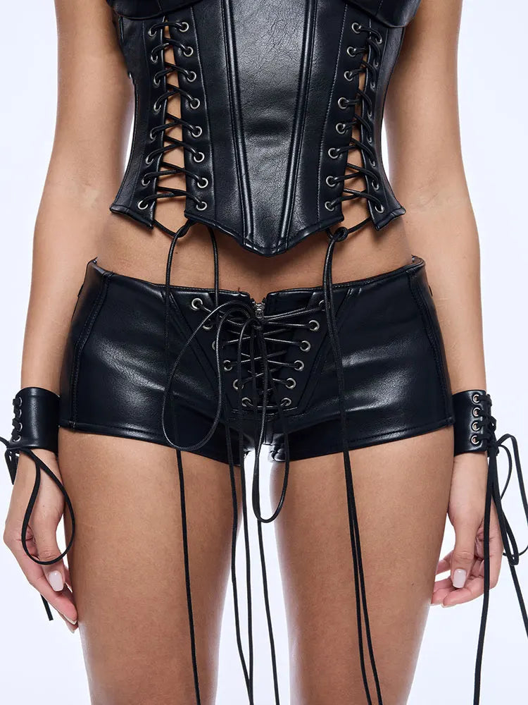 Lautaro Spring Summer Sexy  Black Pu Leather Micro Mini Shorts Women Low Waist Punk Style Alt Gyaru Clothing Streetwear Buttoms