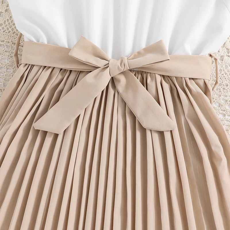 Kids Dresses for Girls 8-16 Years White Small Flying Sleeves Pleated Skirt Korean Style Elegant Daily Teenager Princess Dress