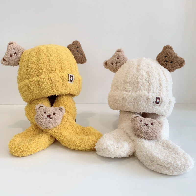 Baby Hat Scarf For Girls Boys Winter Warm Set Cartoon Bear Cold-proof Clothing For Kids Children Stuff Brimless Cap Scarf