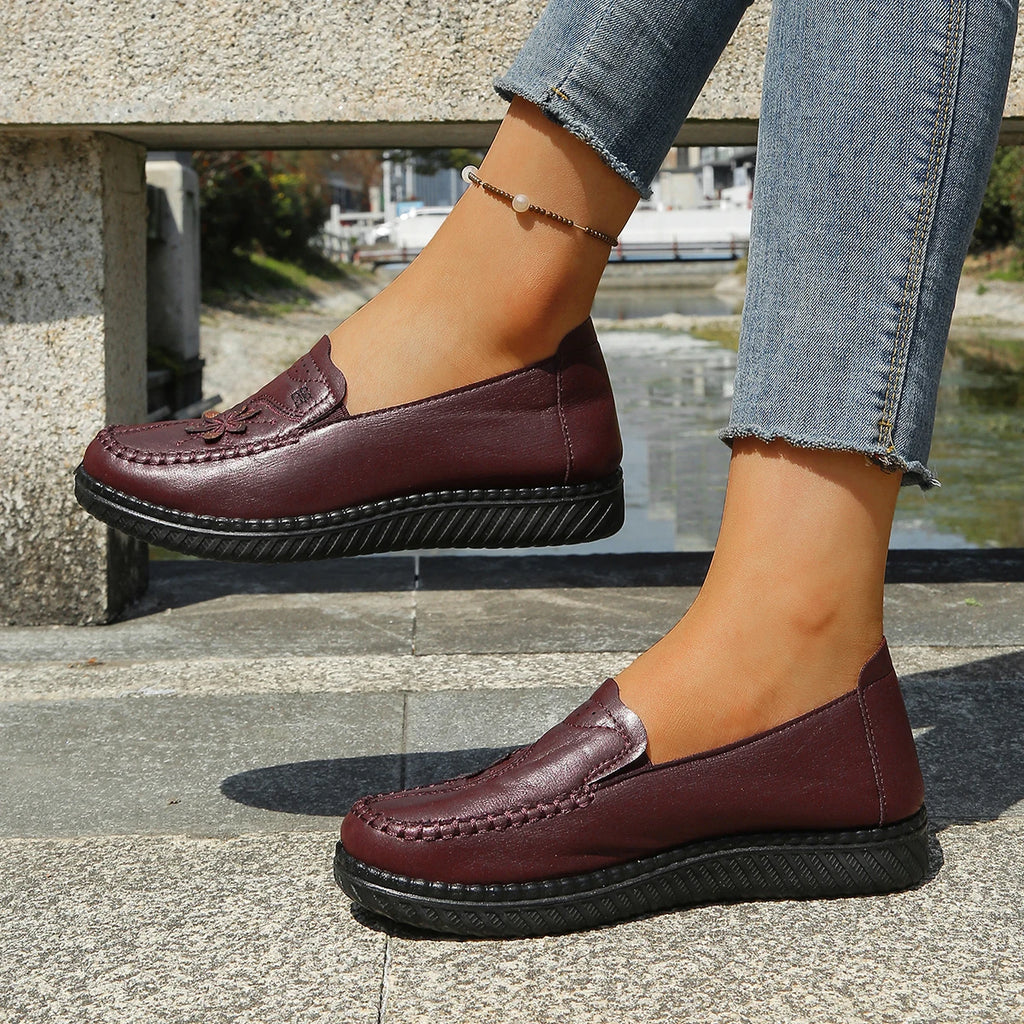 Women's Floral Slip-On Loafer Flats, Faux Leather Upper with Hand Stitching Details, Low Wedge Walking Shoes for Mature Ladies