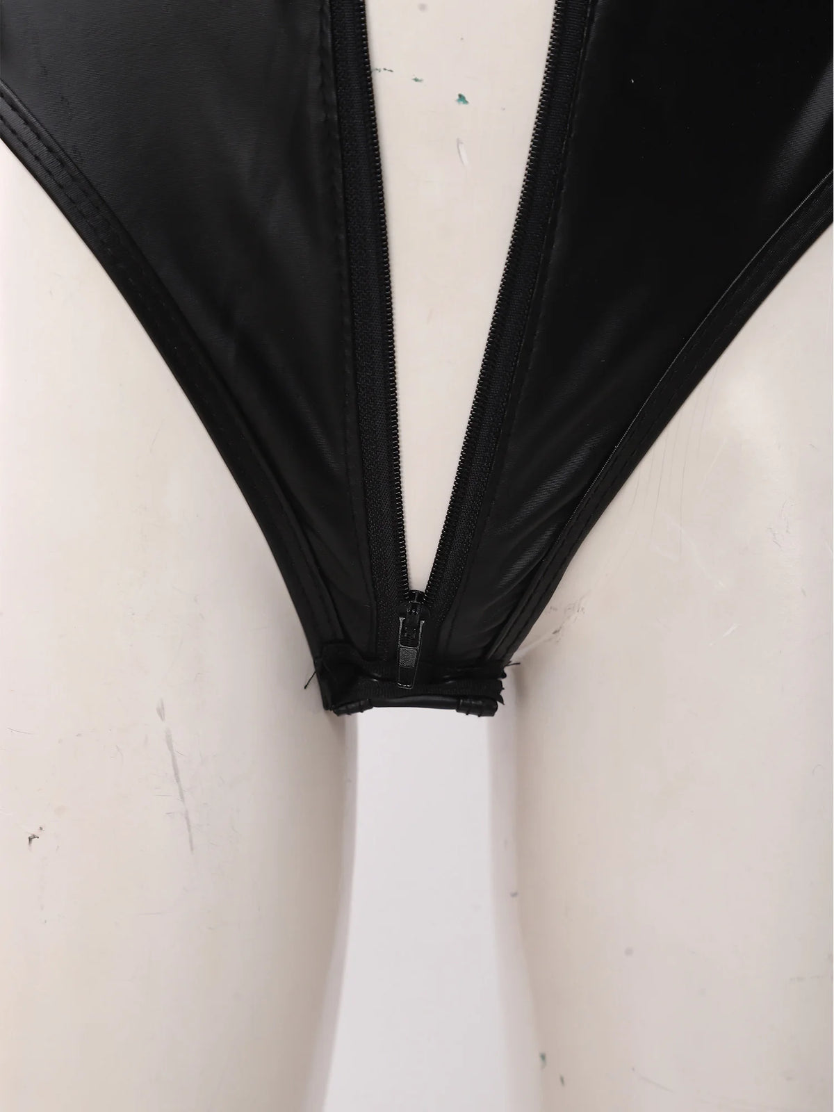 Womens PU Leather Bodysuit Costume Deep Low Neckline Front Zip-up Buttoned Crotch X-back Leotard Lingerie for Night Club Party