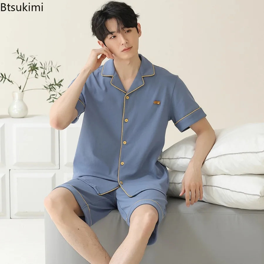 Pajamas for Men Spring Autumn Long Sleeve Lapel Button-up Cardigan Trousers Two-pieces Loose Casual Home Clothes Men Pajama Sets