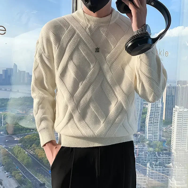 White Knitted Sweaters for Men Round Collar Green Crewneck Pullovers Man Clothes Clothing Knitwears Y2k Streetwear Fun Casual S