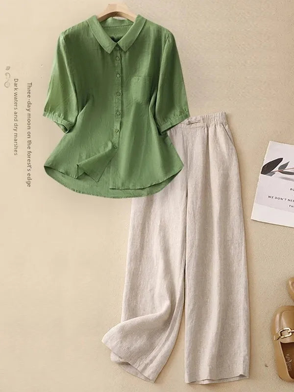 Large Size Summer Cotton Linen Set for Mom Casual Faionable Belly Covering Two Piece Suit ort Sve  Collar Button up