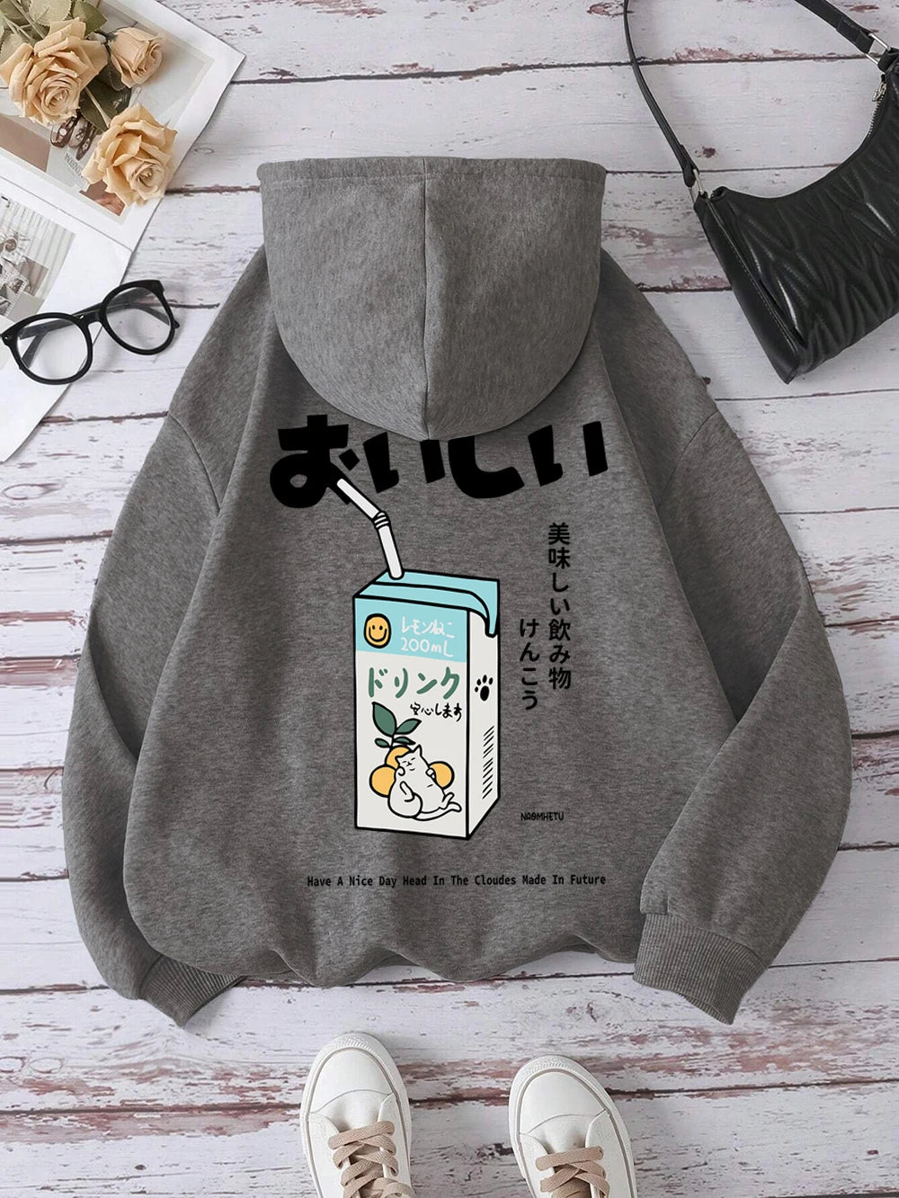 Kawaii Japanese Harajuku Cat Print Hoodie Men Women Fashion Loose Hoody O-Neck Casual New Sweatshirt Pocket Fleece Couple Hoody