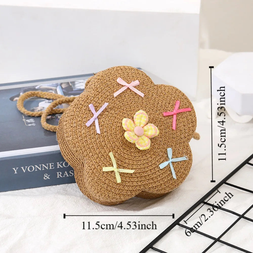 Cute Summer Children Girls Shoulder Bag Flower Bow Handmade Straw Baby Bags Messenger Bag Kids Keys Coin Purse Cute Mini Handbag