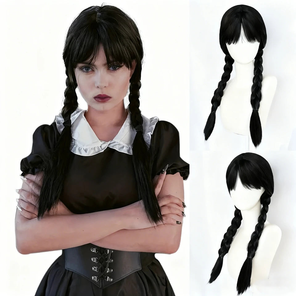 Wednesday Wig‌ Women'S Long Black Braided Synthetic Wig With Bangs, 2 Braided Ponytails For Halloween Cosplay, Party & Everyday