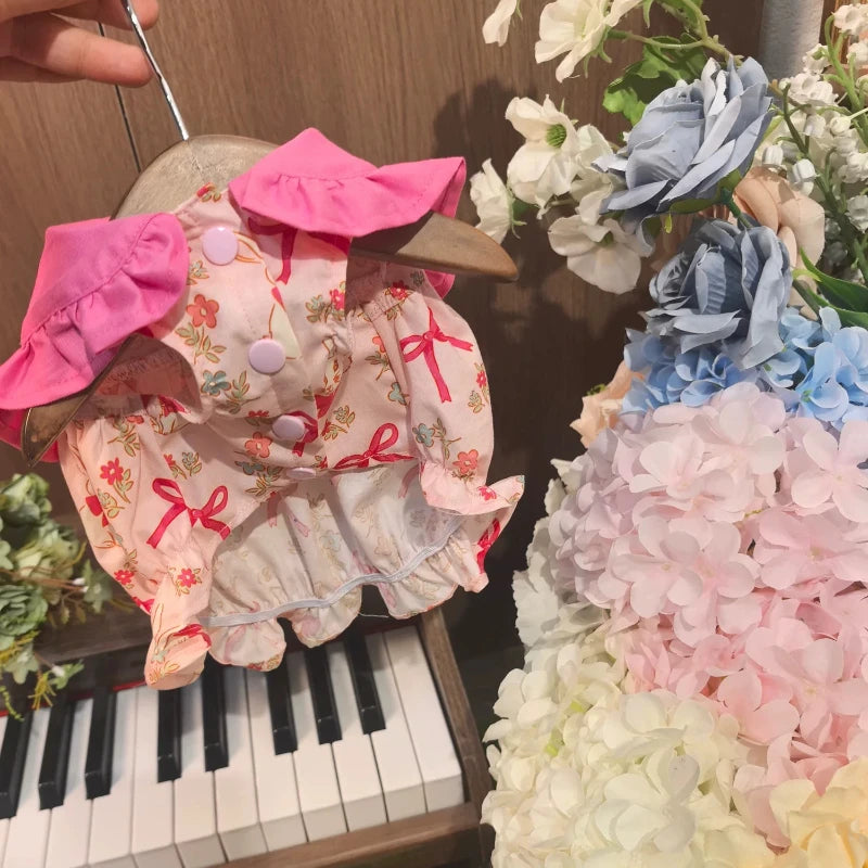 Lovely Puppy Dog Cats Clothing Fashion Floral Print Pink Cotton Princess Dress for Small Medium Dog Schnauzer Poodle Pet Clothes
