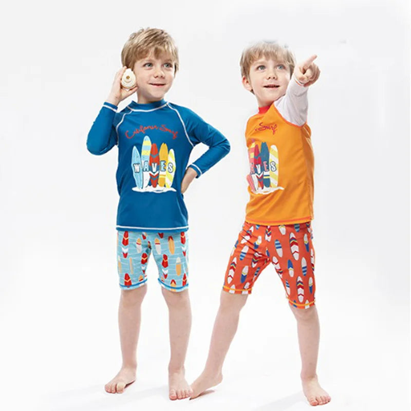 Long Tops+Shorts 2pcs/Set Kids Swimsuit Boys Swim Suit Kids Bathing Suit Children's Swimwear Kids Surfing Spa Pool Swimsuits