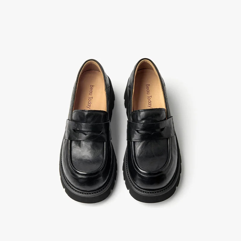 BEAUTODAY Platform Loafers Women Embossing Cow Leather Dress Shoes  Ladies Slip-on Flats Spring Autumn Handmade 26635