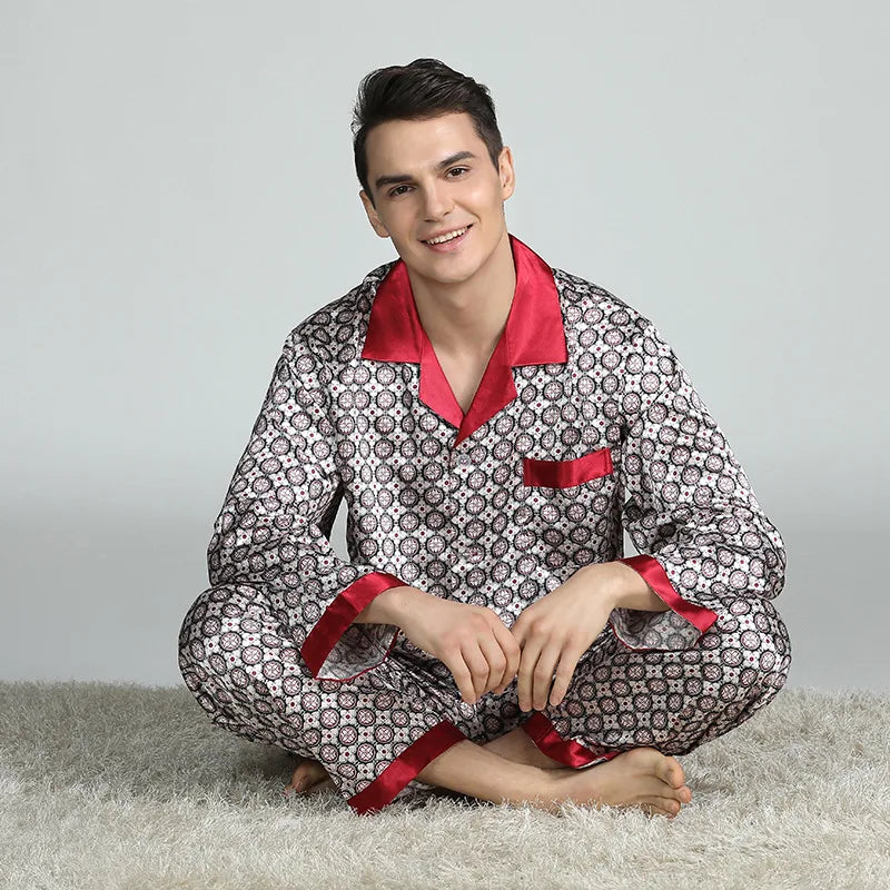 Pajamas Set Men's Home Clothes Long Sleeve Shirt&pants Male Satin Print Nightwear Casual Trousers Suit Spring Summer Loungewear