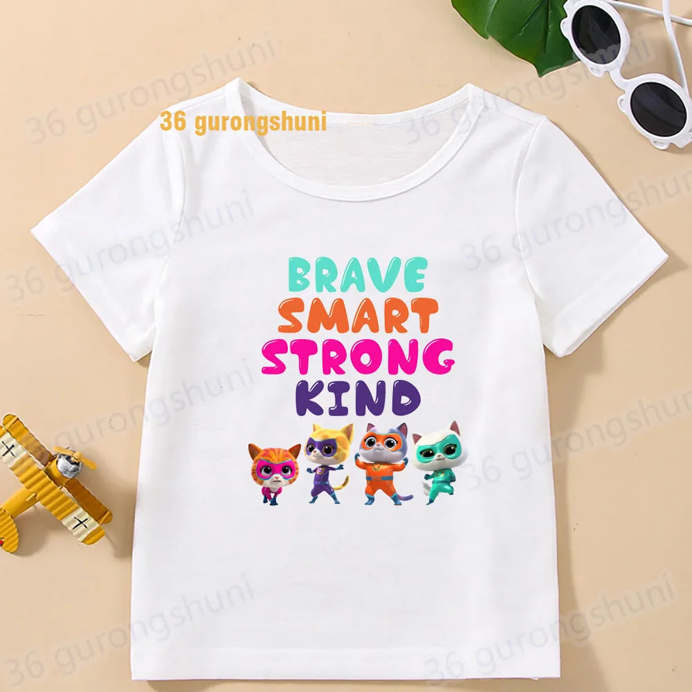 Boys T Shirts Children Clothes superkitties Kids Tshirt super kitties baby T-shirt 4 5 6 birthday summer Tops For Girls-clothing