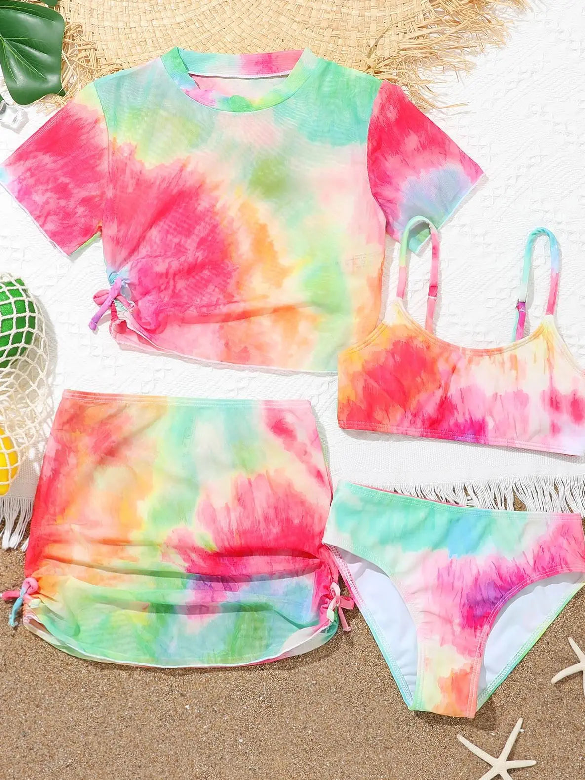 4 Pieces Bikinis Set Top & Skirt 2026 Girls Swimsuit Kids Swimwear Female Children Bathers Bathing Swimming Swim Suit Beachwear