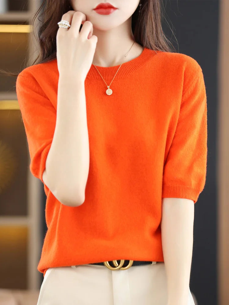 Short Sleeves Women's Sweater O-neck Bottoming Shirts Solid Spring Summer Korean Fashion Sweater Knit Top Casual Basic Pullovers