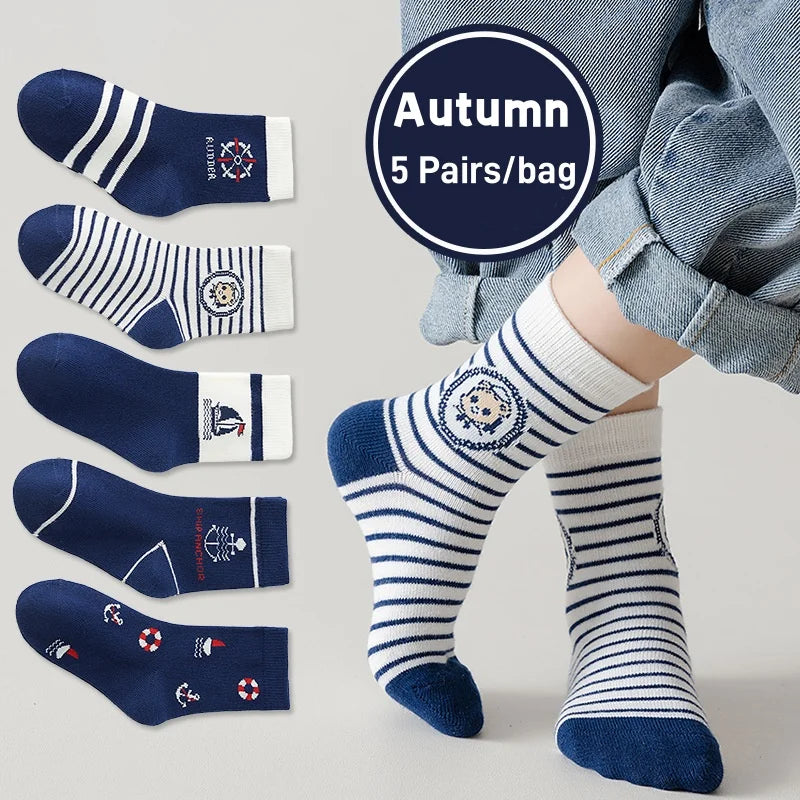 Captain Baby Socks Spring Summer Cotton Socks Kids Boys Calf-length Striped Socks Children's  Sport Socks 5 Pairs