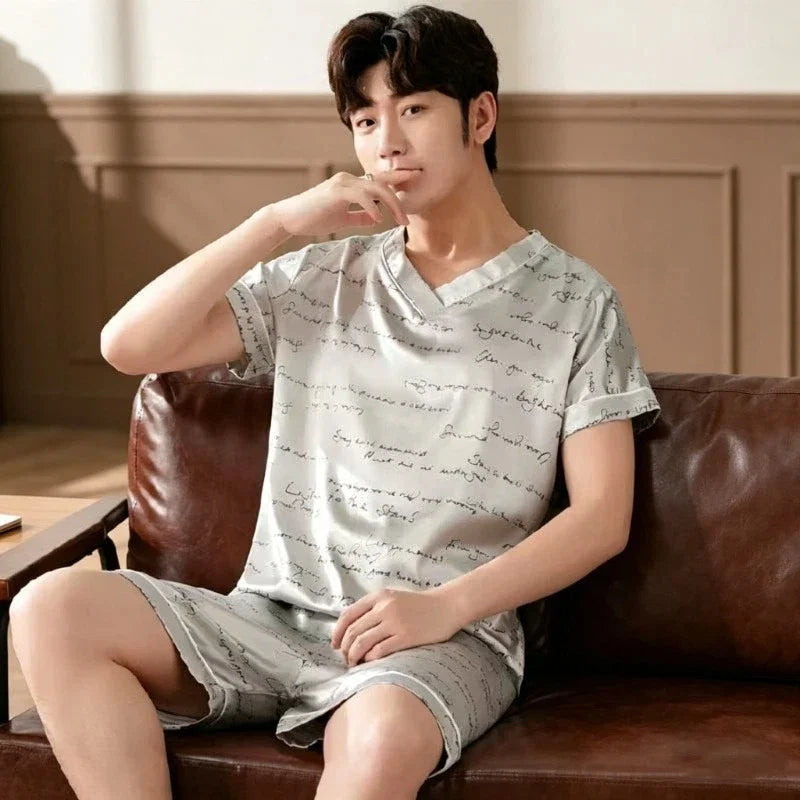 Plus Size Men's Pajamas Set Summer New Fashion Print Men's Sleepwear V-Neck Short Sleeve Shorts Homewear 2026 Casual Cool