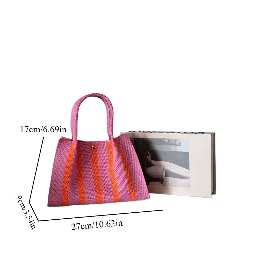 New color-blocking knitted stripe design tote bag, large capacity handbag for women's commute