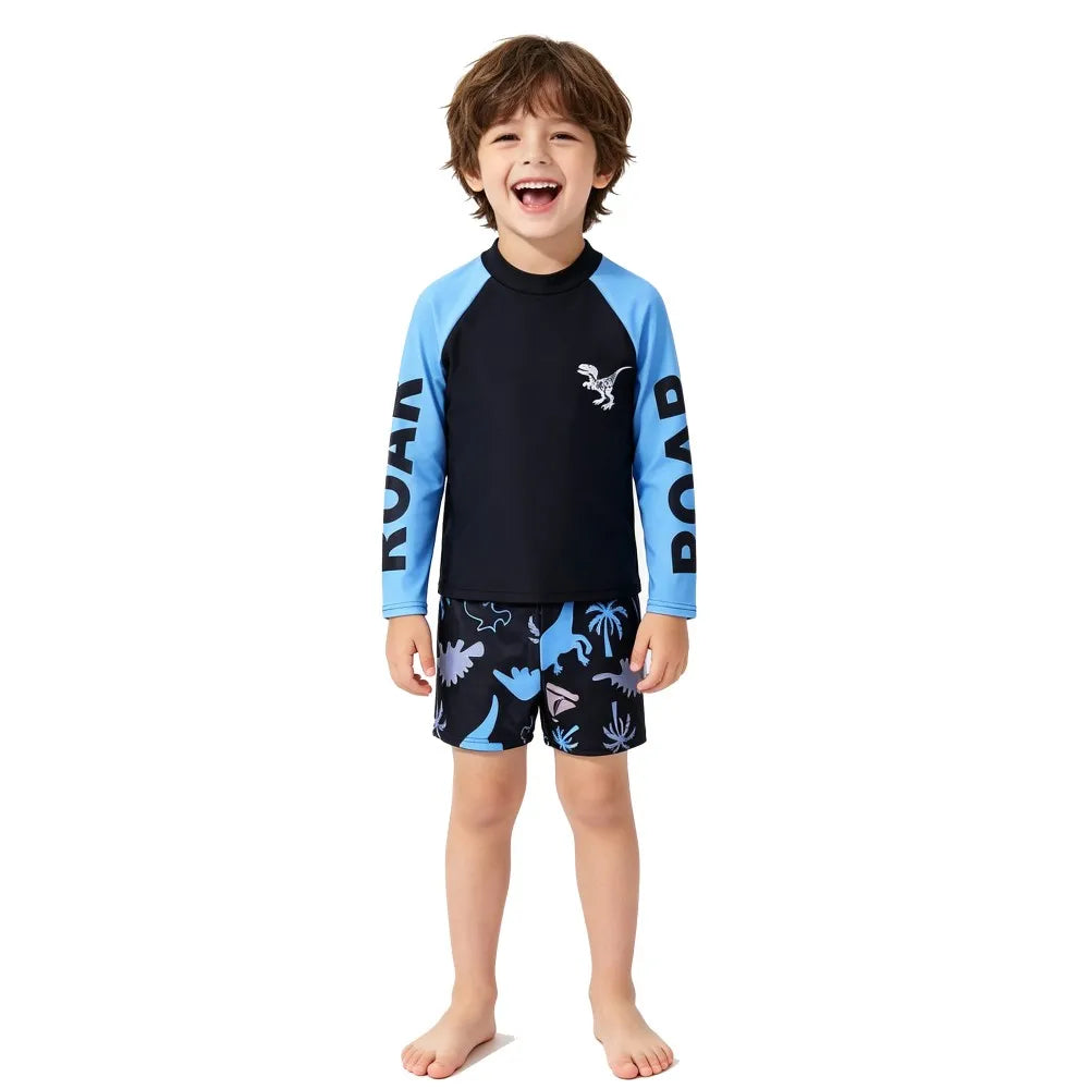 Boys 2-Piece Dinosaur Swimwear Long Sleeve Children Swimsuit Rash Guard Top+Shorts Bathing Suit For Toddler Kids Beach Pool