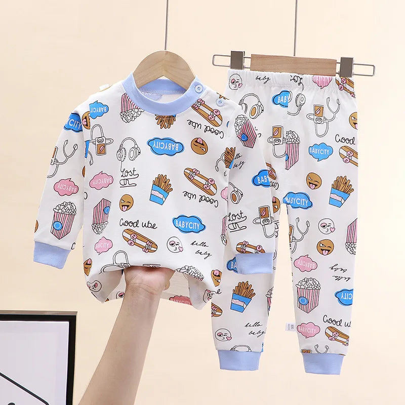 Boys Girls Sleepwear Kids Unisex Casual Pajama Suit Cartoon Print Long Sleeve Tops+ Pants