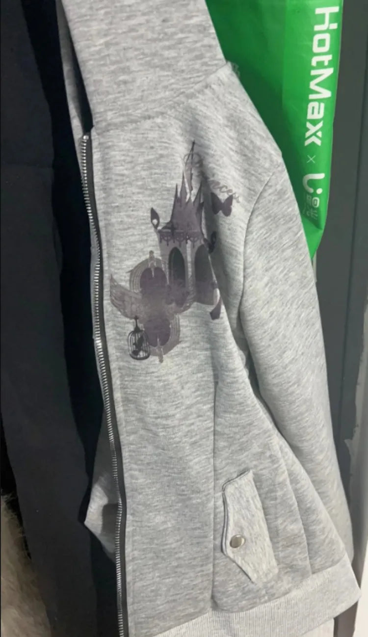 Y2k Aesthetic Vintage Printing Pocket Hoodies Gothic Fairy Grunge Hooded Jackets Autumn Women Double Zippers Punk Sweatshirt