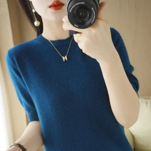 2025 Spring Summer Womens Sweater Short Sleeve O-neck Slim Fit Knitted Pullovers Bottoming Casual Knitwear Camel Pink Clothes