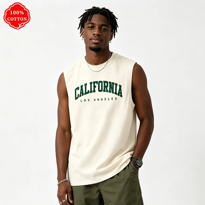 100% pure cotton men's summer casual loose California pattern printed fitness breathable round neck sleeveless vest-H13