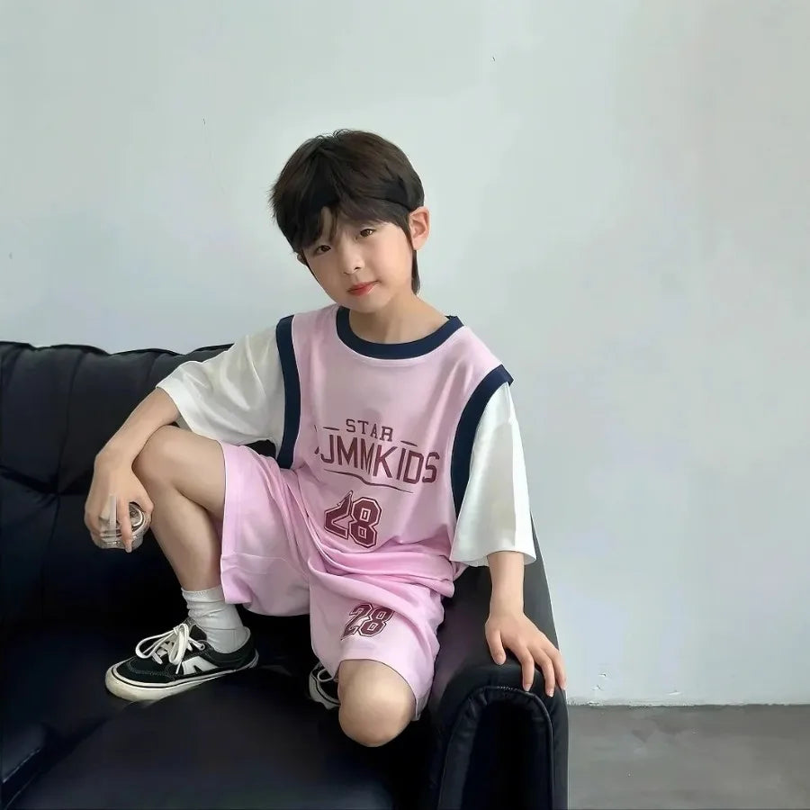 Boys' Sports Suit Summer Short Sleeved Basketball Suit Set Thin Quick Drying Basketball Suit Color Blocked Fashion Sports Style