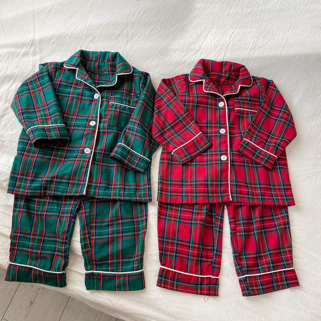 2026 New Christmas Children's Pajama Sets Plaid Print Clothing Set Button Full Sleeve 2 Pcs Suit Homewear Thin Pyjamas Xmas Look