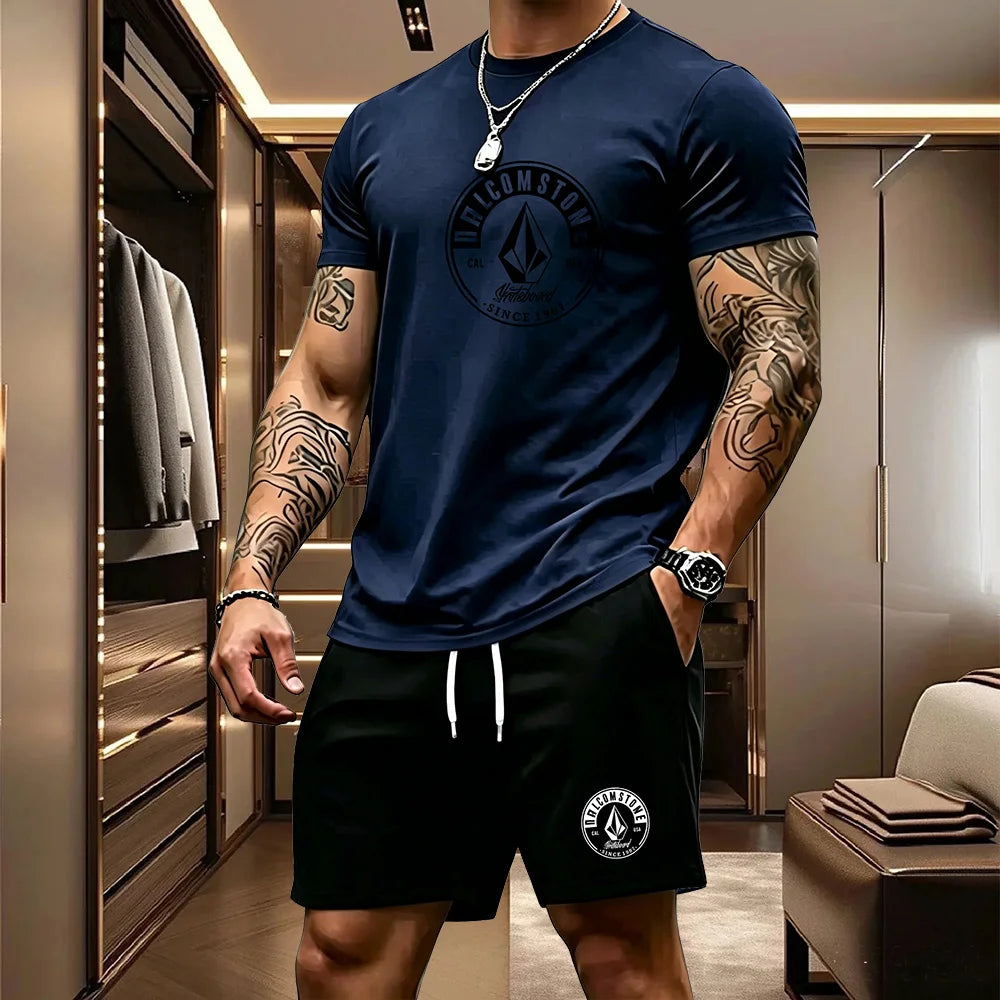 Men's Casual Sportswear 2-piece Set Classic Short Sleeved T-shirt+drawstring Pocket Shorts Street Skateboarding Outdoor Outfit