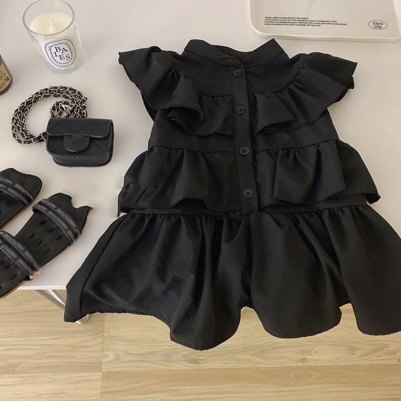 Korean Children's Clothing Girls' Summer Dress Kids Black Fly Sleeved Dress Girls Fashion Kids Outfit Layered Dresses For Girls