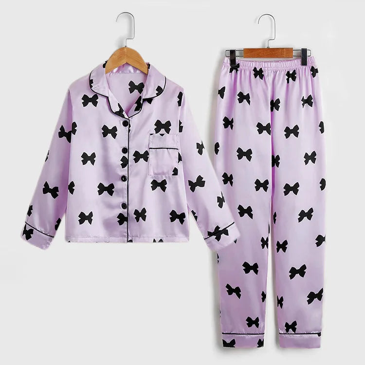 Autumn New Children's Pajama Set Imitation Silk Bow Printed Two-piece Pajamas Girls Solid Color Casual Long Sleeves Home Clothes