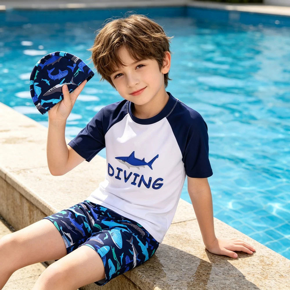 Kids Shark Print Swimwear Set 3Pcs Boys Short Sleeve Rash Guard Swimsuit + Trunks + Hat Children Beachwear Boys Bathing Suit