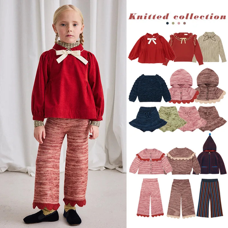 Kids' Sweater Set for Autumn & Winter 2025 MP Series - Girls' Tie-Front Shirt, Popcorn Knit Top, Skirt and Shawl Set