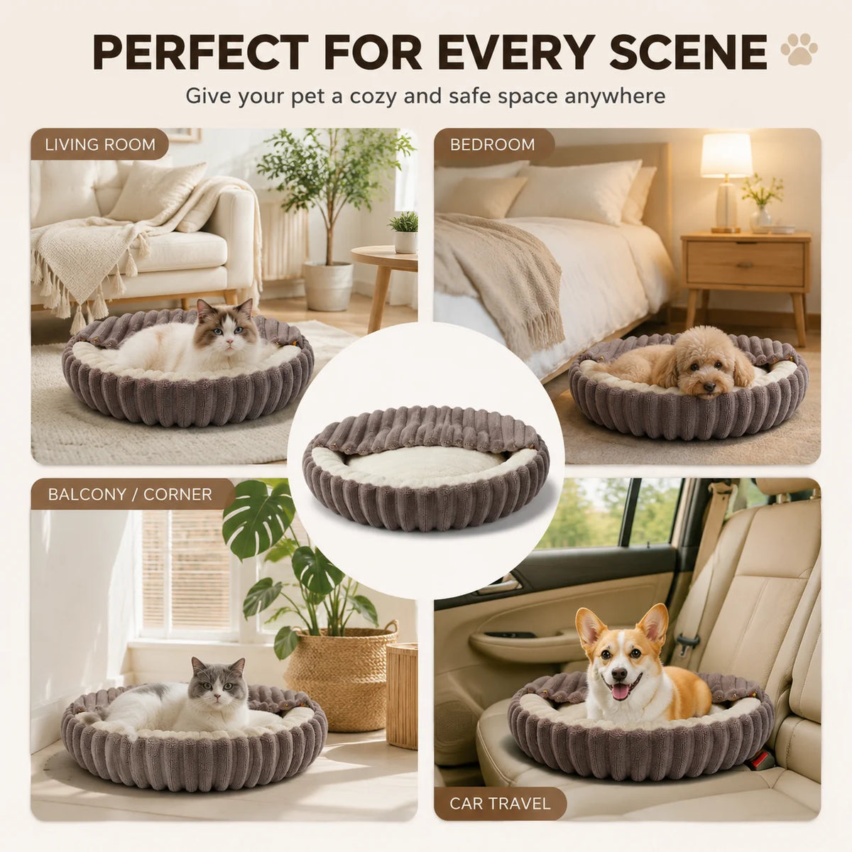 Plush Pet Bed Soft Rabbit Fur Dog Bed Cat Bed Calming Round Cushion Cozy Sleeping Nest Comfortable Pet Sofa