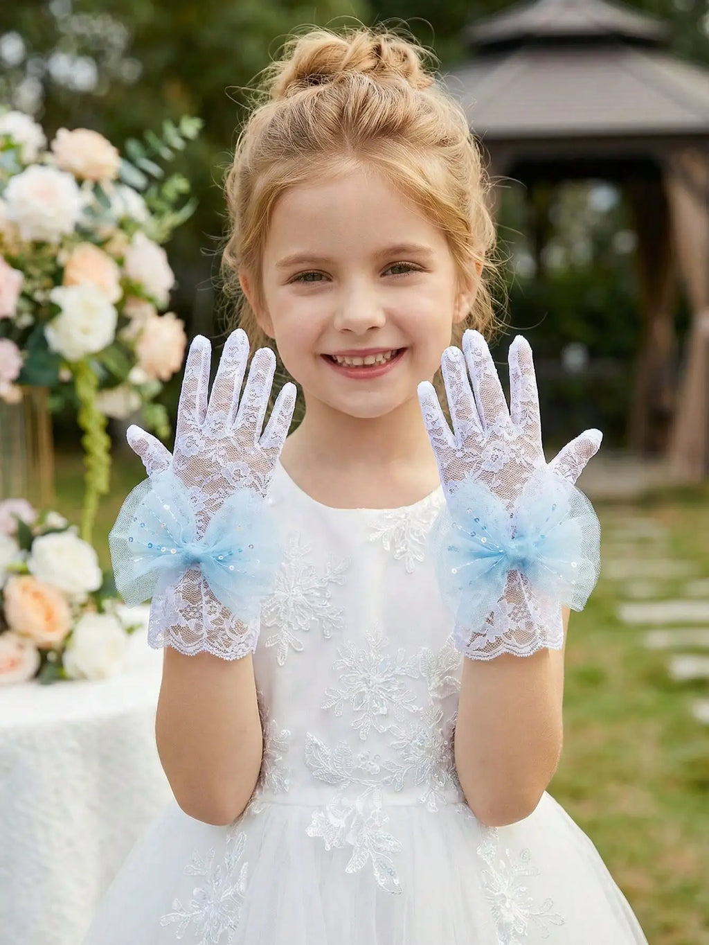 1Pair 4-10Y Girls  Decor Lace Gloves Soft Stretch Gloves Wedding Flower Girl Dance Birthday Photo Props
