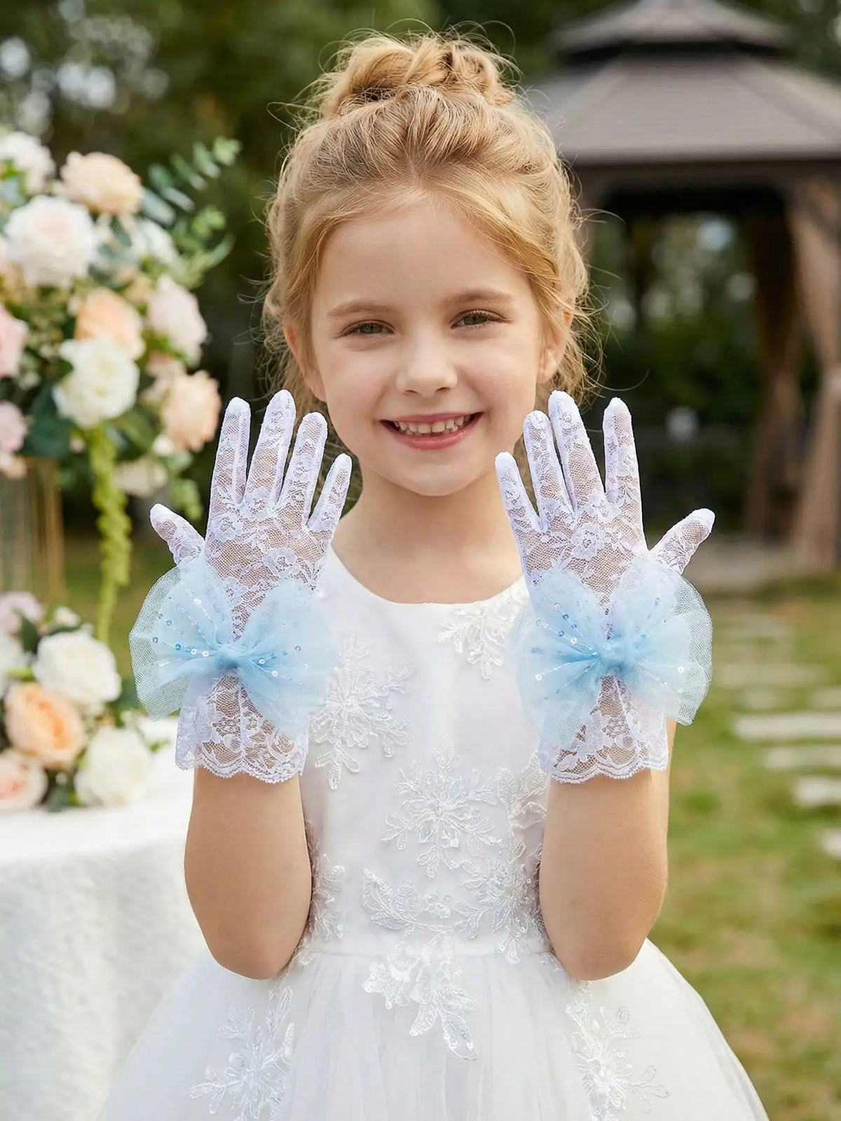 1Pair 4-10Y Girls  Decor Lace Gloves Soft Stretch Gloves Wedding Flower Girl Dance Birthday Photo Props