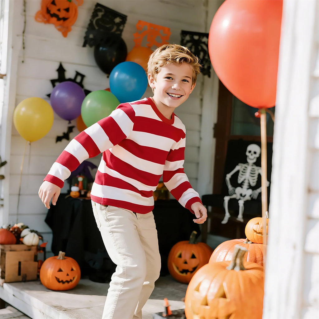 Kids Red and White Striped Shirts Boys Girls Halloween Cosplay Costumes Toddler Christmas Long Sleeve Casual Cotton T Shirts