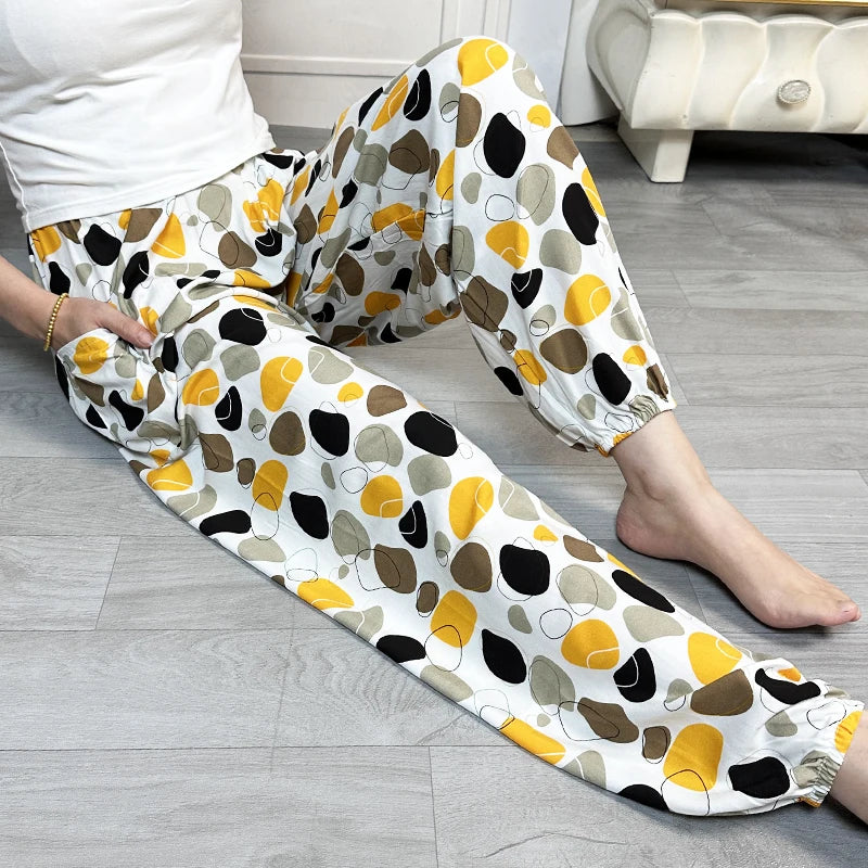 Cool Summer New Silk Cotton Spwear Loose Women's Wide Leg Pants Home Wear Floral Print Heat Resistant Comfortable Casual T...