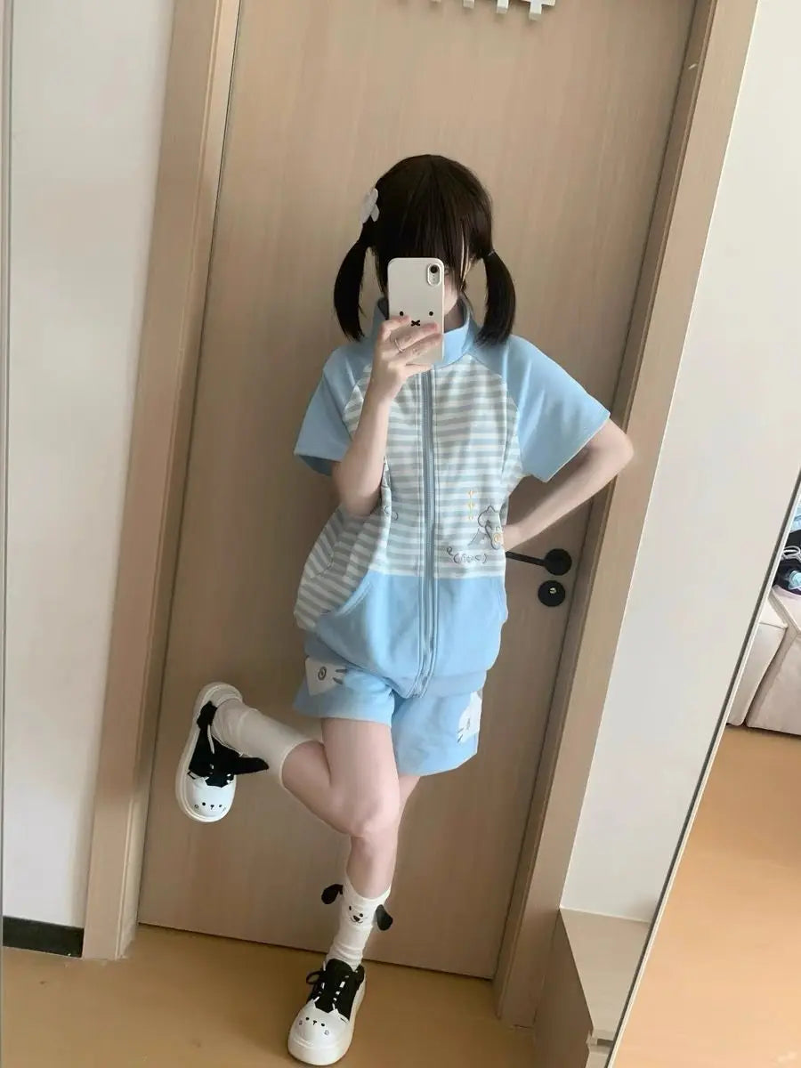 Y2k Japanese Short Sleeve Hoodie Sweet Women Casual Bodycon Kawaii Top Stand Collar Cat Embroidery Zipper Spring Summer