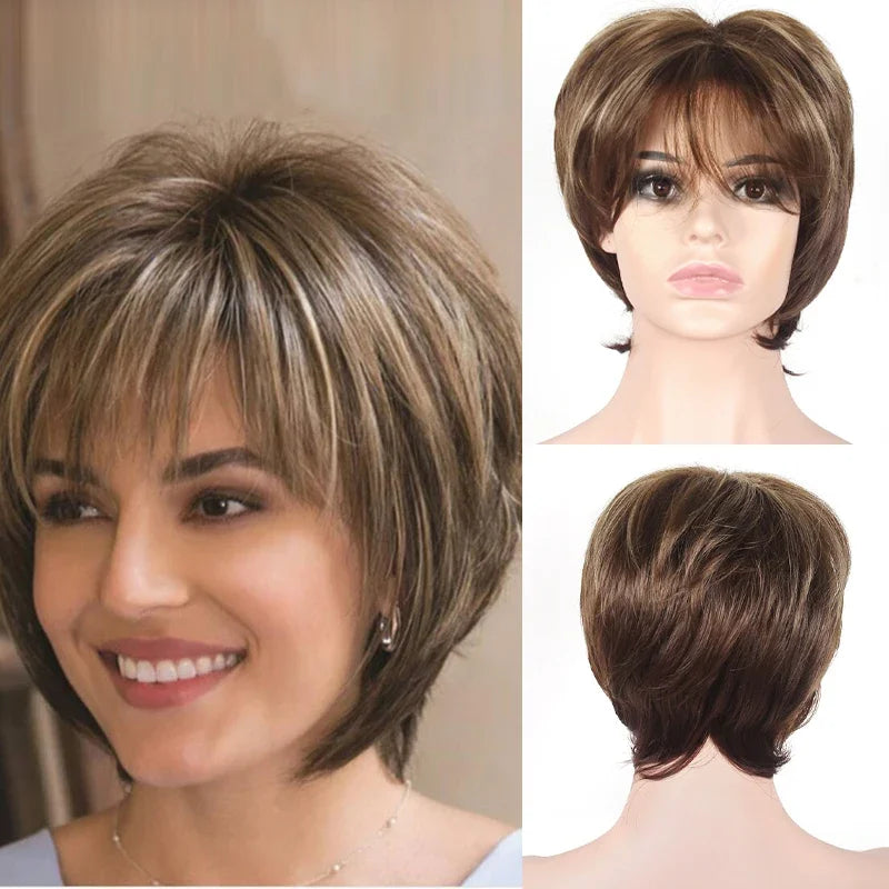 MSIWIGS Short Wavy Synthetic Cut Wigs For Women Daily Wear Africa American Brown Fake Hair