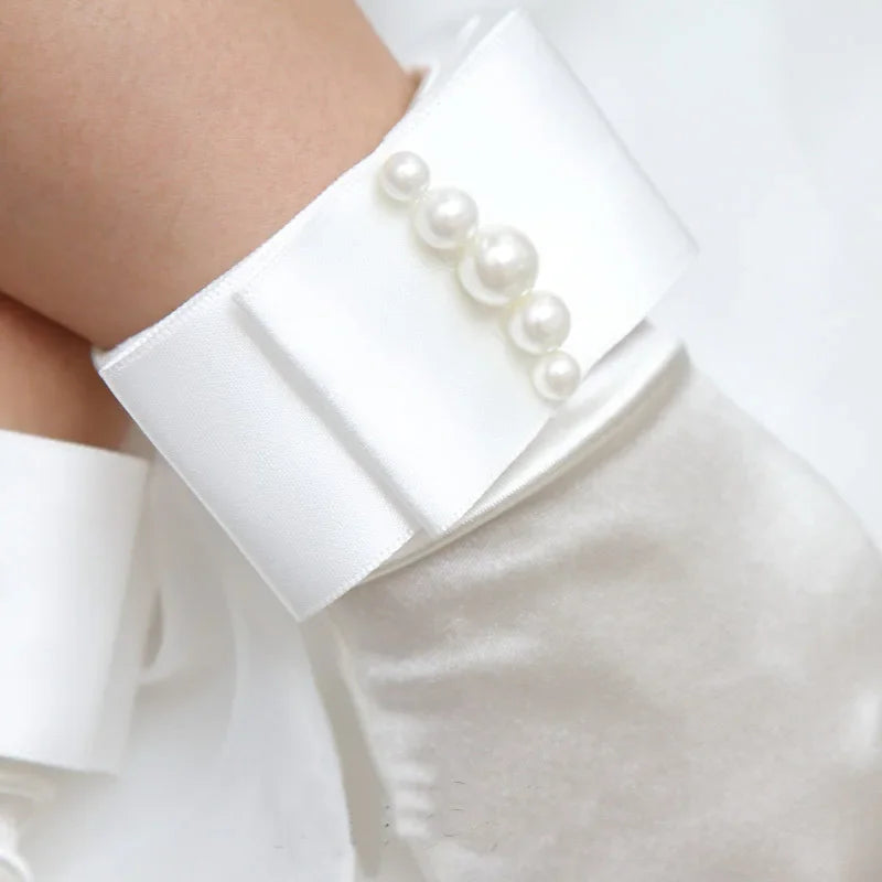 Women Girl White Prom Pageant Wrist Brides Satin Short Bow Gloves Bead Party Communion Wedding Evening Halloween Costume Cosplay