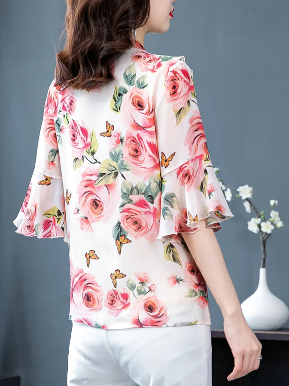 Tops for Women Dressy Casual,Ruffle Sleeve Blouses Floral Shirts,V Neck Summer Fashion Clothes