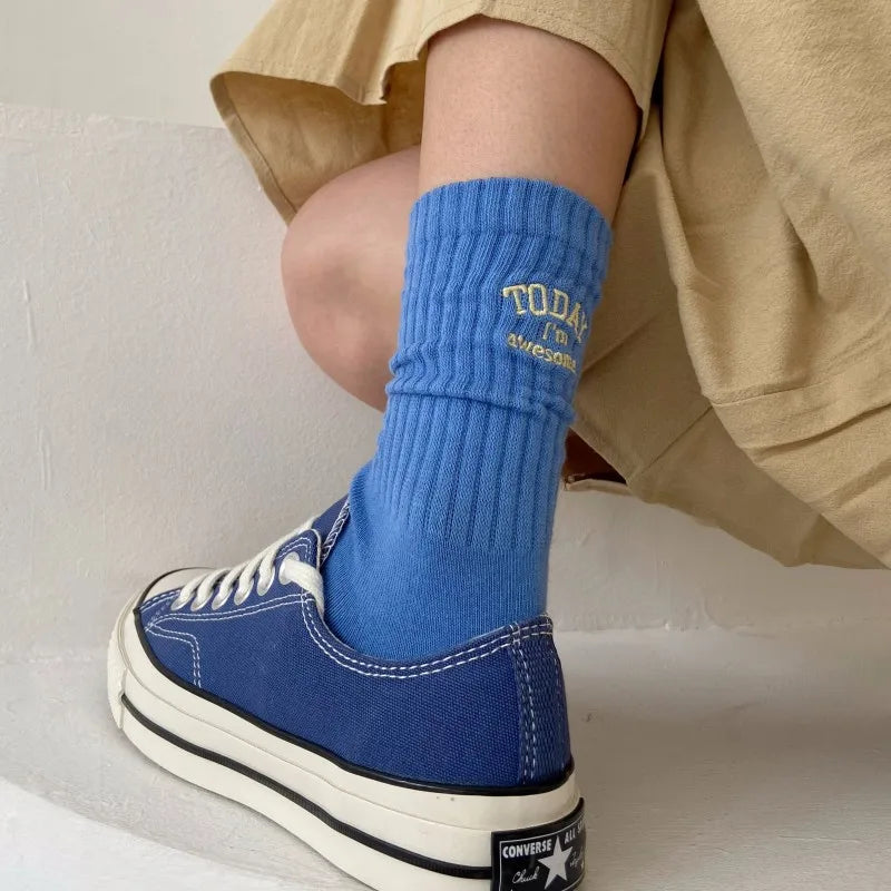 For Men Women Couple Funny Cotton Socks Embroidery Letter Today I’m Awesome Japanese Korean Designer Couple Mid-tube Sports Sox