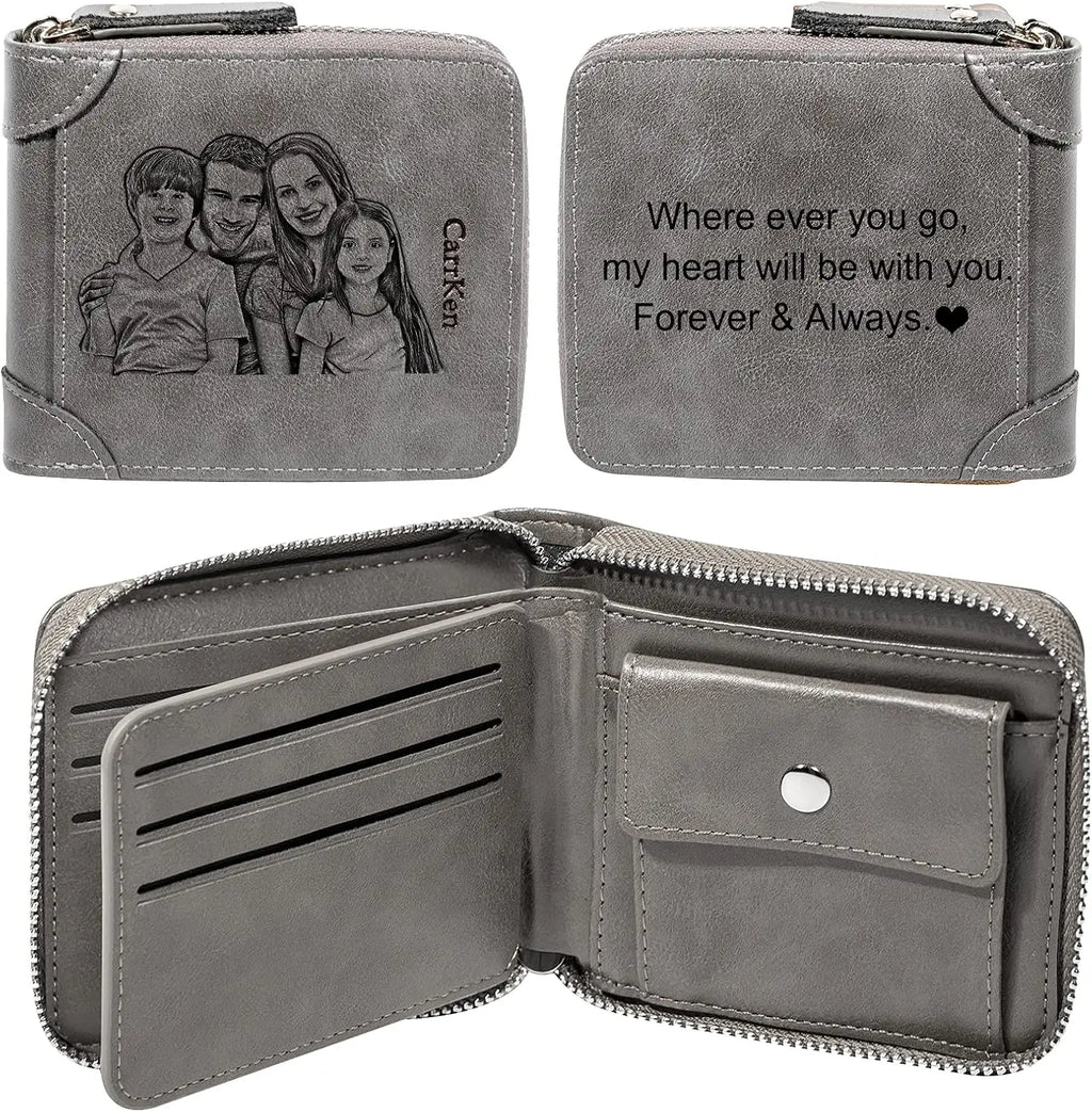 Personalized Custom Photo Wallets for Men, Engraved Customized Zipper Bifold Picture Wallet Fathers Day Birthday