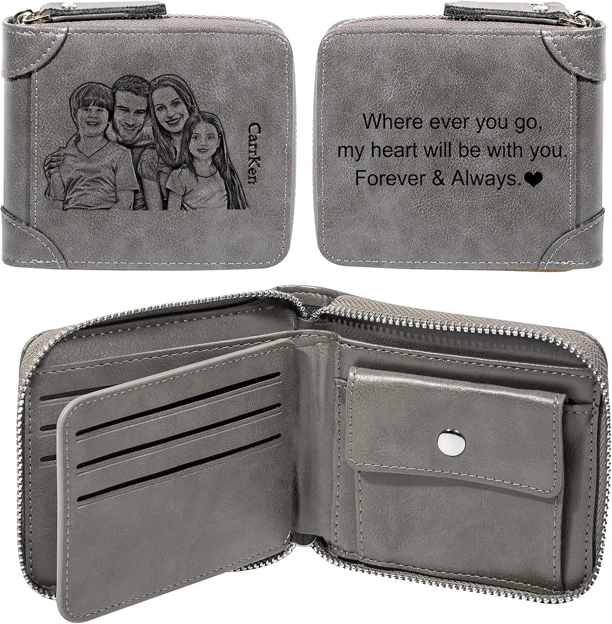 Personalized Custom Photo Wallets for Men, Engraved Customized Zipper Bifold Picture Wallet Fathers Day Birthday