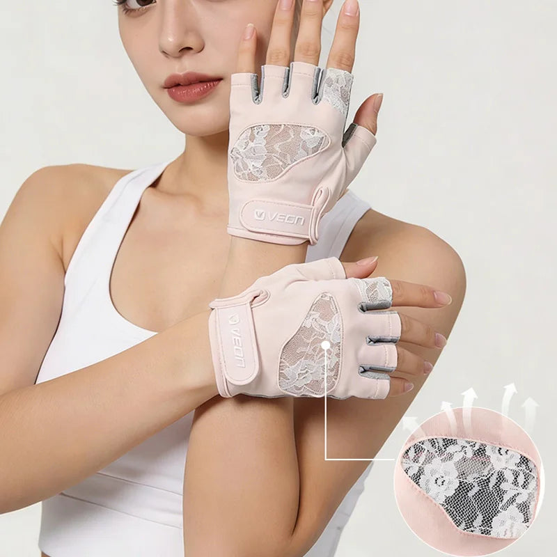 Women's Lace Fitness Gloves Breathable Anti-Slip Workout Gloves for Weight Lifting Training Exercise Sports Half Finger Gloves