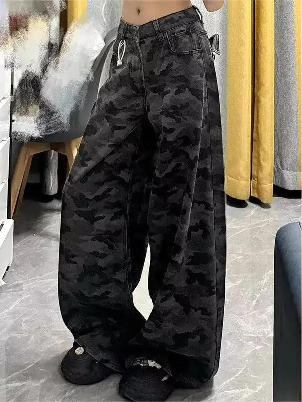 American Sle Camouflage Workwear Jeans Women's Spring Summer New plus Size Fat MM High Waist Loose Slim Straight Leg Pants