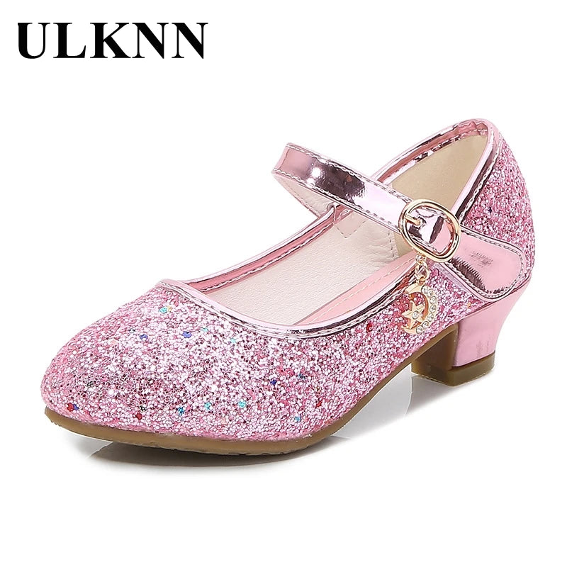 ULKNN Kids High Heel Shoes Girls Leather Shoes Flower Casual Pink Glitter Children 2026 Girls Shoes Butterfly Knot size 26-38
