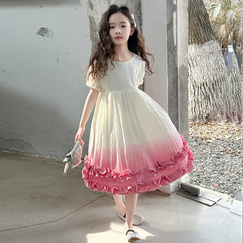 Kids Children Fashion Summer Tie Dye Dress with Ruffles for Girls Casual Tiedye Wedding Dress Size 5 6 7 8 9 10 11 12 13 14